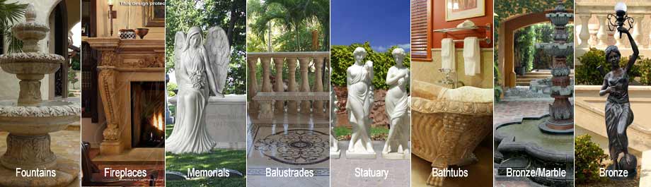 Purchase 100's of beautiful solid marble fireplaces, fountain, statuary, memorials, balustrades, kitchen and  bath, marble and bronze home design and architectural elements